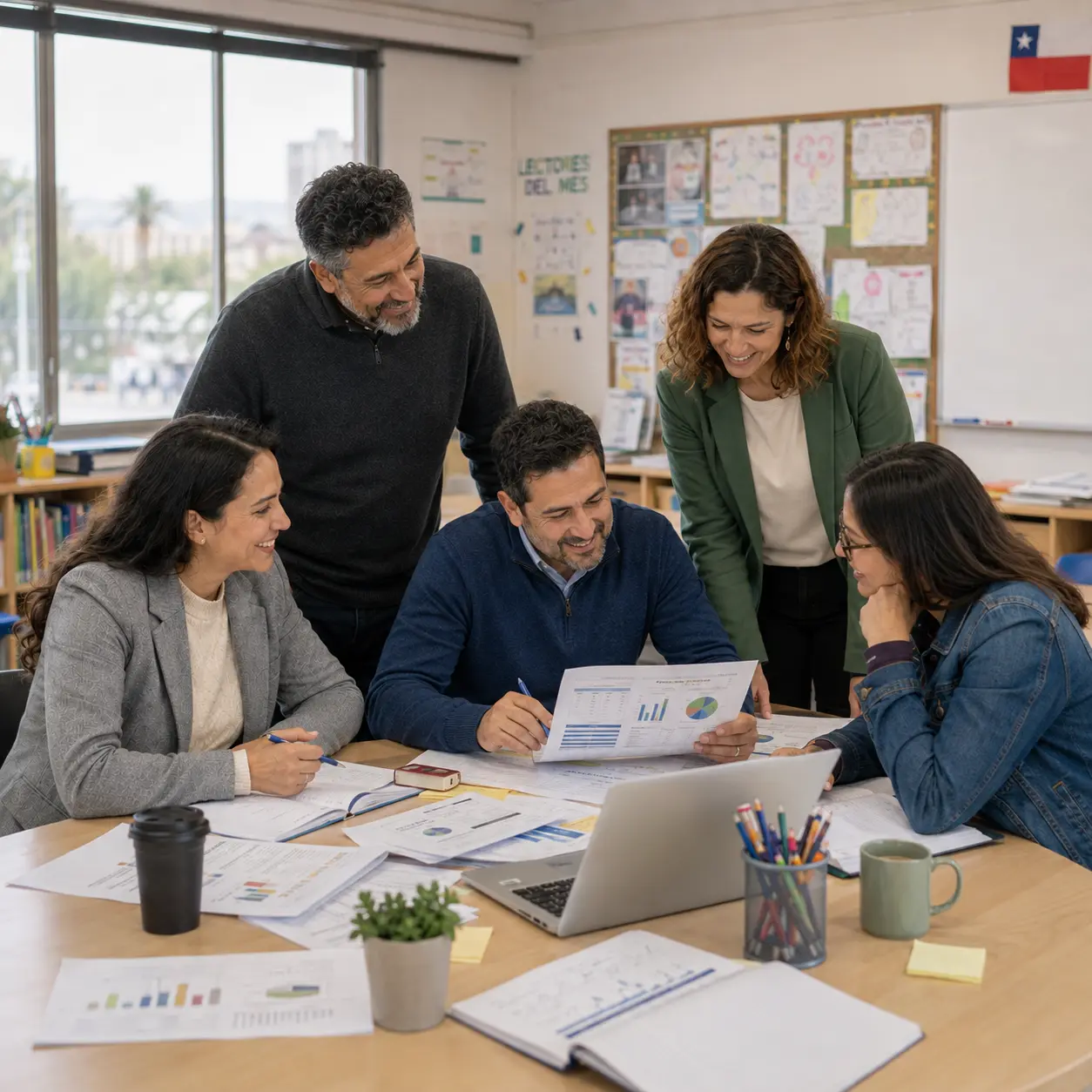 Equipo de gestión escolar revisando información para tomar decisiones