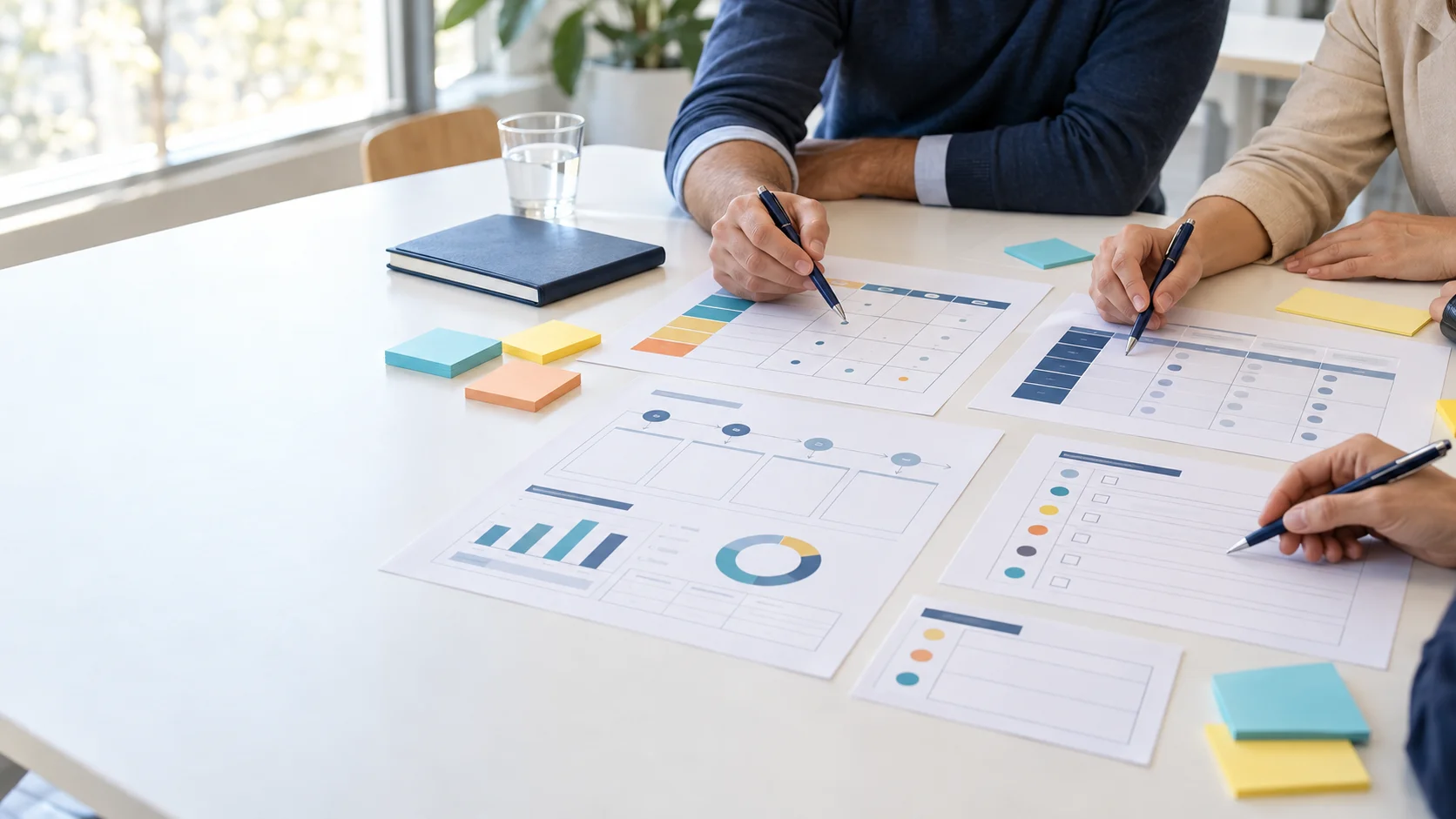 Representación de un equipo trabajando con matrices, indicadores y pautas de mejora escolar