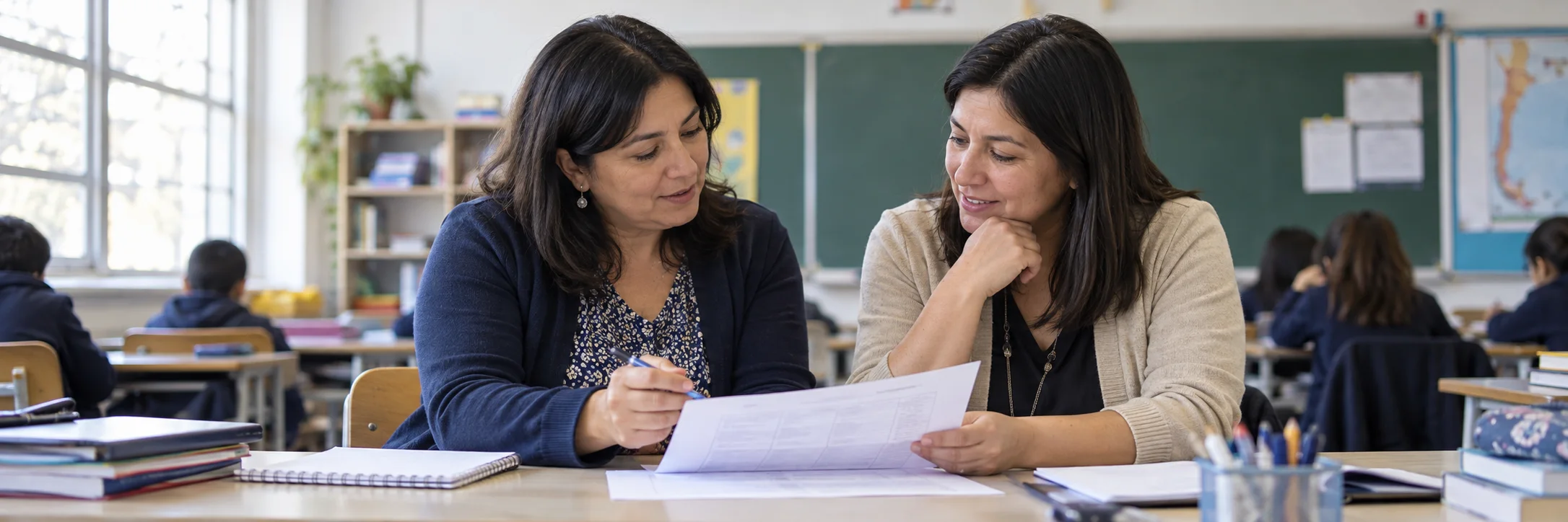Docentes revisando una pauta de acompañamiento pedagógico